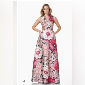 Kay Unger Pink and Red Halter A-line Maxi Dress